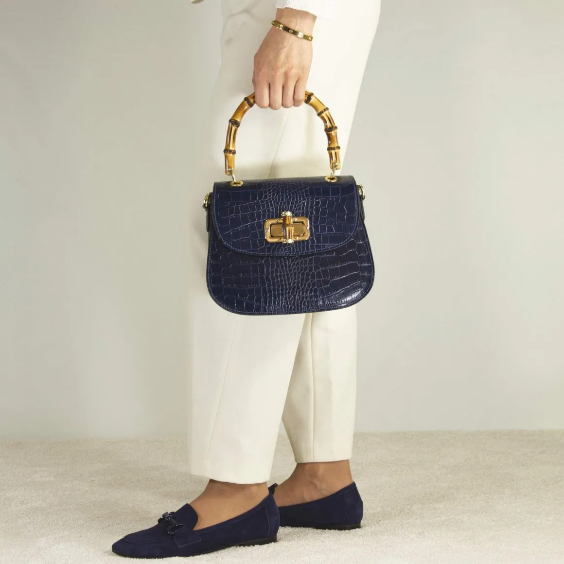 Borsa A Mano Artigianale Da Donna In Pelle Blu Con Tracolla Rimovibile