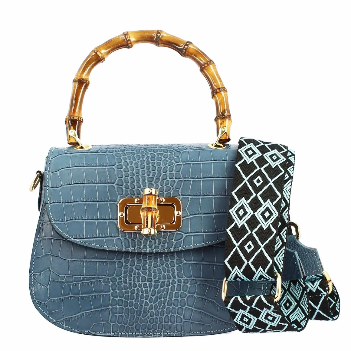 Borsa A Mano Artigianale Da Donna In Pelle Celeste Con Tracolla Rimovibile