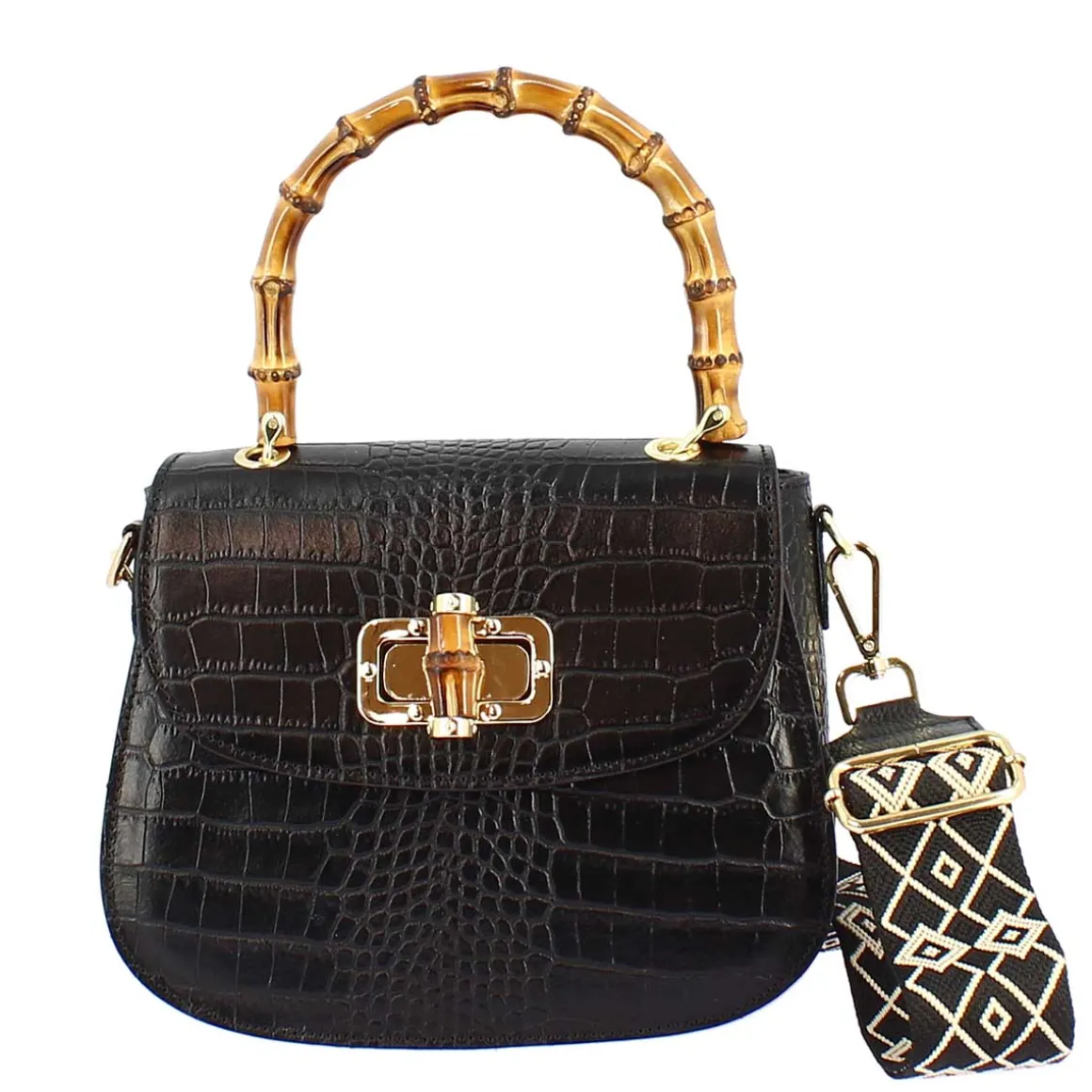 Borsa A Mano Artigianale Da Donna In Pelle Nera Con Tracolla Rimovibile