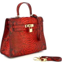 Borsa A Mano Con Tracolla Da Donna Artigianale In Pelle Di Pitone Rossa