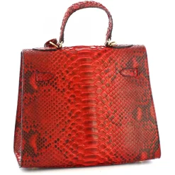 Borsa A Mano Con Tracolla Da Donna Artigianale In Pelle Di Pitone Rossa