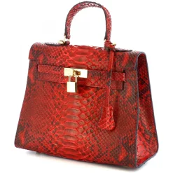 Borsa A Mano Con Tracolla Da Donna Artigianale In Pelle Di Pitone Rossa