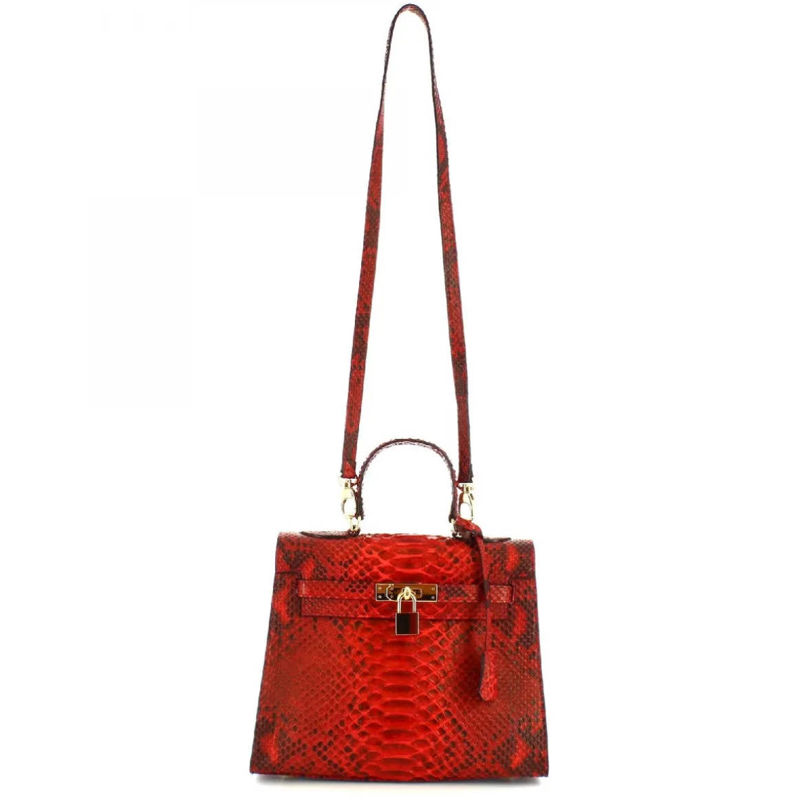 Borsa A Mano Con Tracolla Da Donna Artigianale In Pelle Di Pitone Rossa