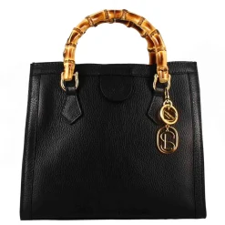 Borsa Bamboo Da Donna In Pelle Colore Nero Con Manici In Legno E Tracolla