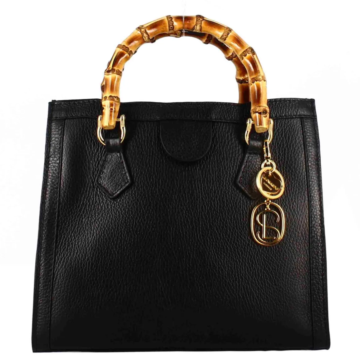 Borsa Bamboo Da Donna In Pelle Colore Nero Con Manici In Legno E Tracolla