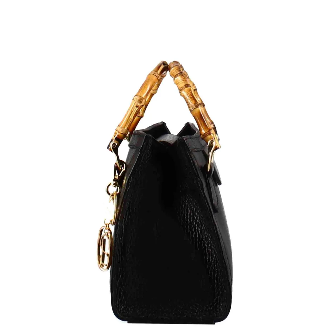 Borsa Bamboo Da Donna In Pelle Colore Nero Con Manici In Legno E Tracolla