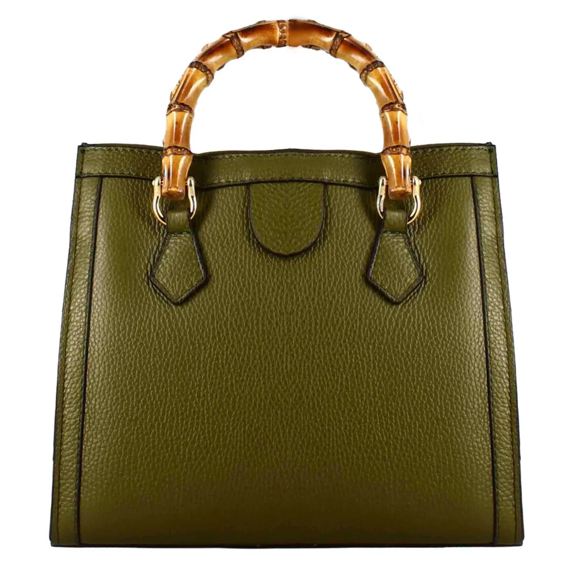 Borsa Bamboo Da Donna In Pelle Colore Verde Con Manici In Legno E Tracolla