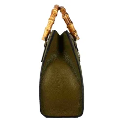 Borsa Bamboo Da Donna In Pelle Colore Verde Con Manici In Legno E Tracolla