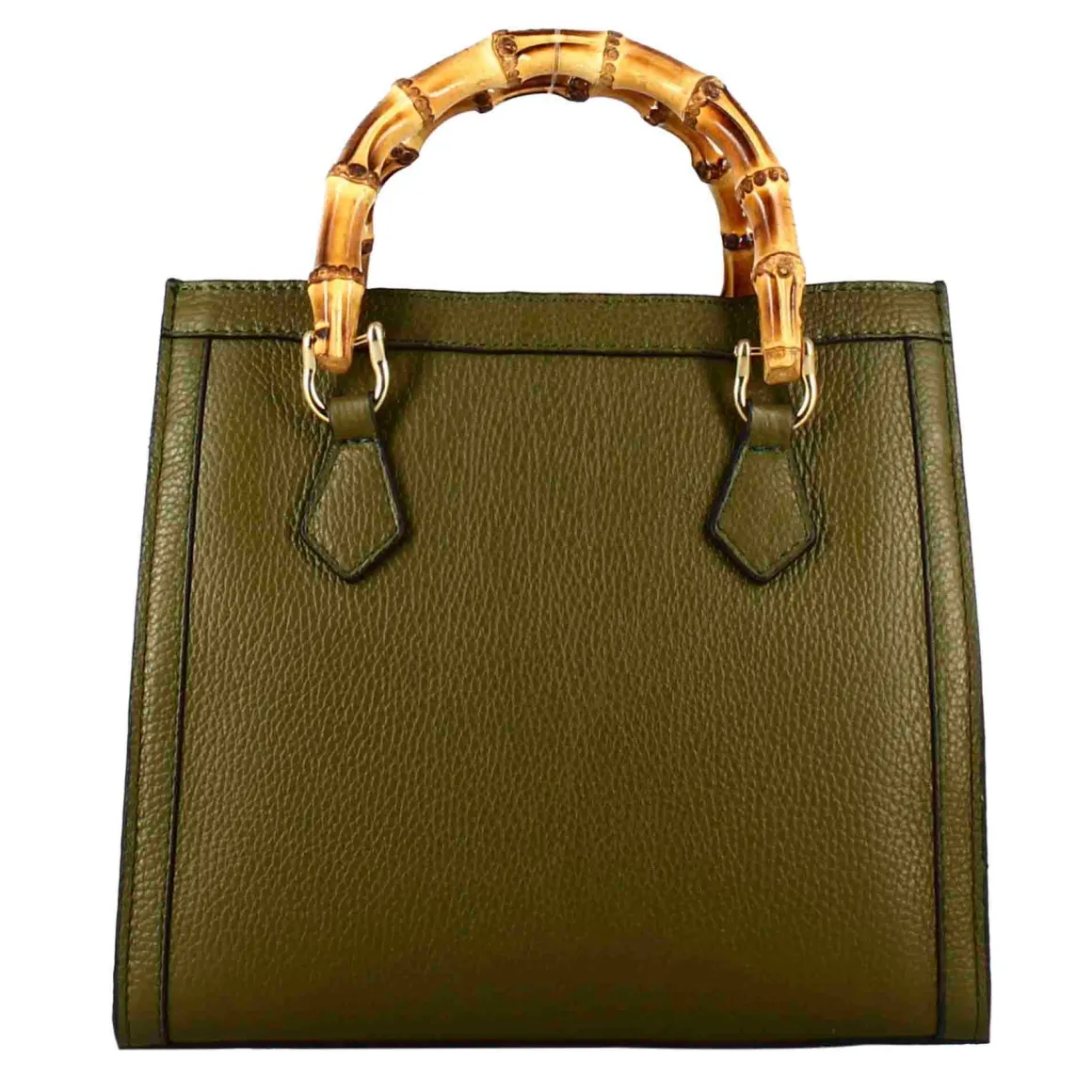 Borsa Bamboo Da Donna In Pelle Colore Verde Con Manici In Legno E Tracolla