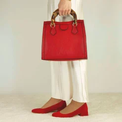 Borsa Bamboo Da Donna In Pelle Colore Rosso Con Manici In Legno E Tracolla