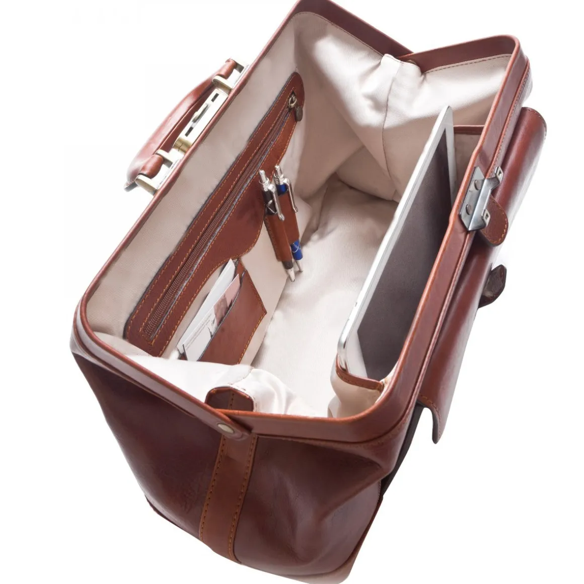 Borsa Medico In Pelle Pieno Fiore Con Cerniera In Metallo E Tasca Frontale