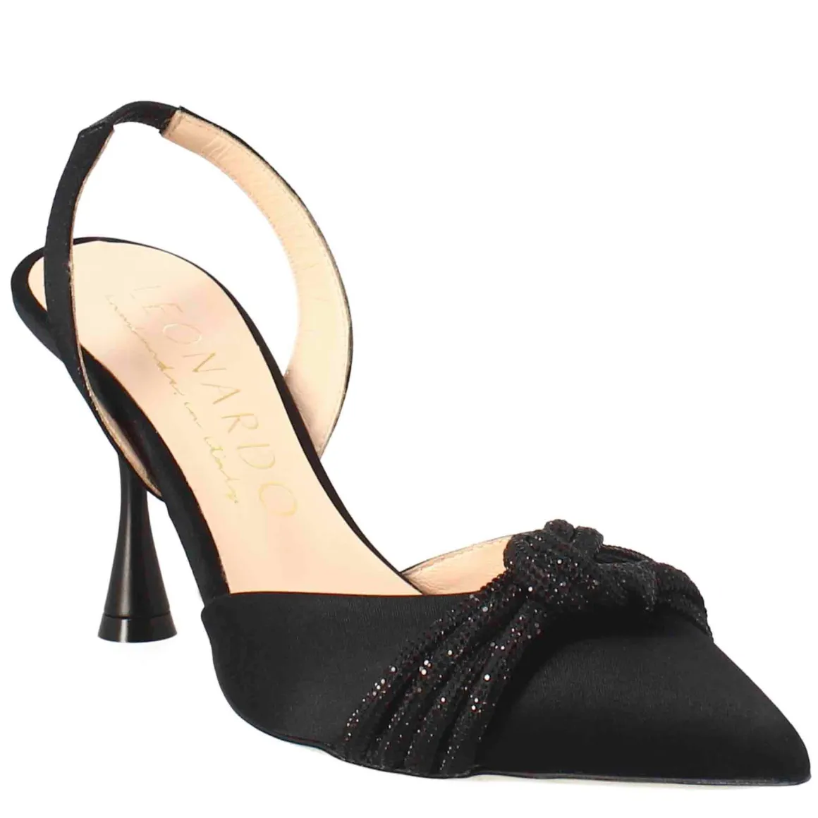 Décolleté Da Donna In Raso Nero Con Accessorio Fatto A Mano In Italia