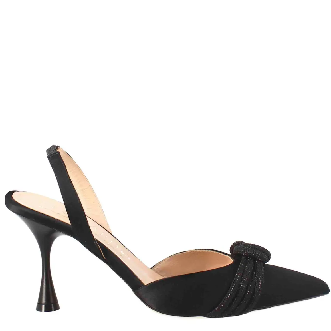 Décolleté Da Donna In Raso Nero Con Accessorio Fatto A Mano In Italia