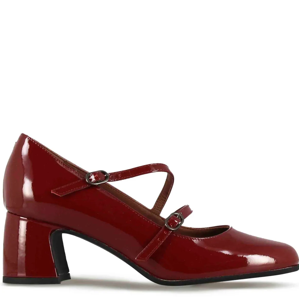 Décolleté Mary Jane In Pelle Verniciata Colore Bordeaux Con Doppio Cinturino