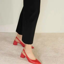 Décolleté Slingback Da Donna In Pelle Colore Rosso Con Tacco Medio