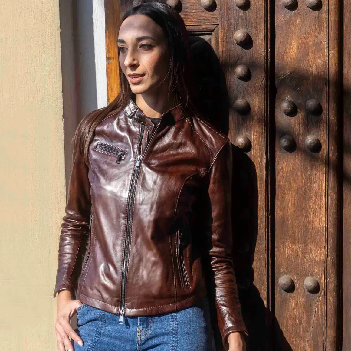 Giacca Da Donna In Pelle Alta Qualità Marrone Conciata Al Vegetale