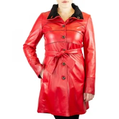 Giacca Elegante Da Donna Con Cintura Fatta A Mano In Pelle Di Agnello E Cachemire Rossa E Nera