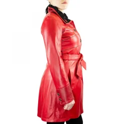 Giacca Elegante Da Donna Con Cintura Fatta A Mano In Pelle Di Agnello E Cachemire Rossa E Nera