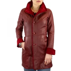 Giacca Elegante Reversibile Da Donna Fatta A Mano In Pelle Di Renna E Agnello Rossa Con Bottoni