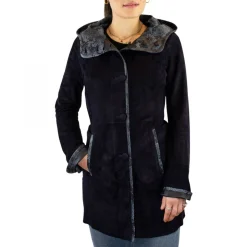 Giacca Elegante Reversibile Da Donna Fatta A Mano In Pelle Di Renna E Agnello Blu Con Cappuccio