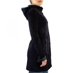 Giacca Elegante Reversibile Da Donna Fatta A Mano In Pelle Di Renna E Agnello Blu Con Cappuccio