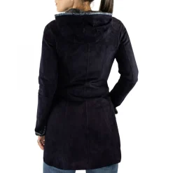 Giacca Elegante Reversibile Da Donna Fatta A Mano In Pelle Di Renna E Agnello Blu Con Cappuccio