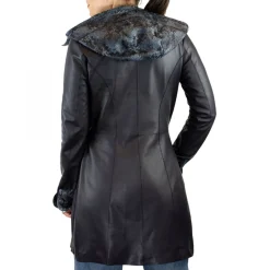 Giacca Elegante Reversibile Da Donna Fatta A Mano In Pelle Di Renna E Agnello Blu Con Cappuccio