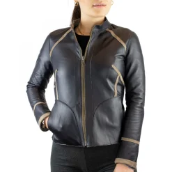 Giacca Reversibile Astrid Da Donna Fatta A Mano In Pelle Di Renna Taupe E Pelle Di Agnello Nera