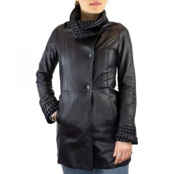 Giacca Reversibile Da Donna Fatta A Mano In Pelle Di Renna E Agnello Blu