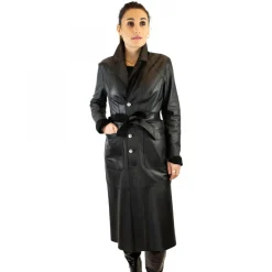 Giacca Reversibile Lunga Elegante Da Donna Fatta A Mano In Pelle Nera Con Cintura