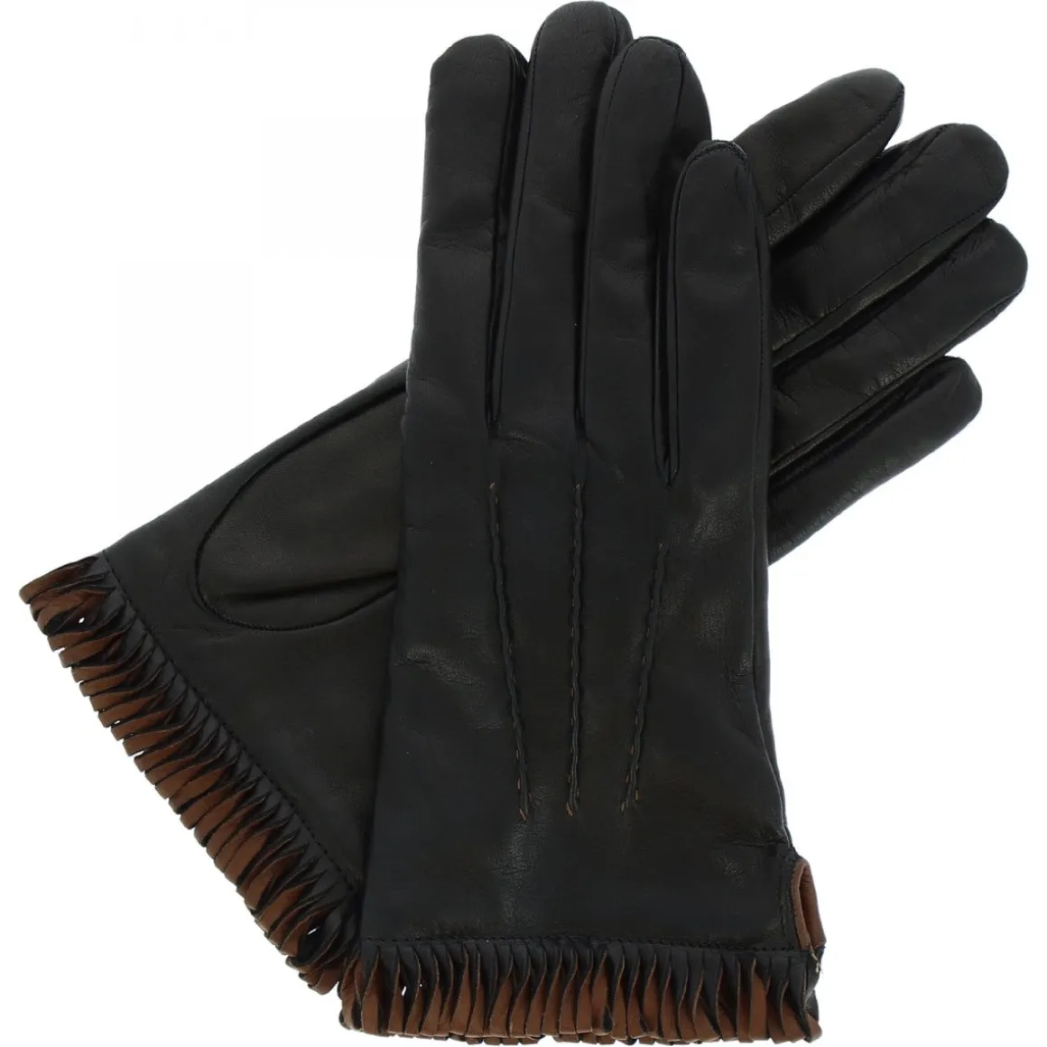 Guanti Da Donna Fatti A Mano In Nappa Nera Con Bordo Marrone