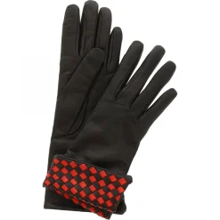 Guanti Da Donna Fatti A Mano In Nappa Nera Con Intreccio Rosso Nero Sul Polso