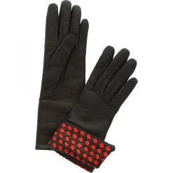 Guanti Da Donna Fatti A Mano In Nappa Nera Con Intreccio Rosso Nero Sul Polso