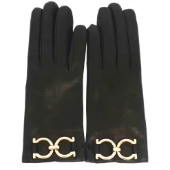 Guanto Da Donna In Pelle Colore Nero Con Morsetto Colore Oro E Fodere In Cashmere