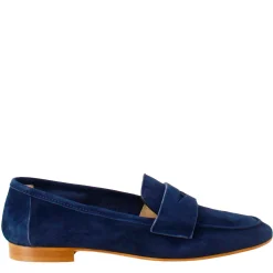 Mocassino Artigianale Da Donna In Camoscio Color Blu Scuro Fatto A Mano.