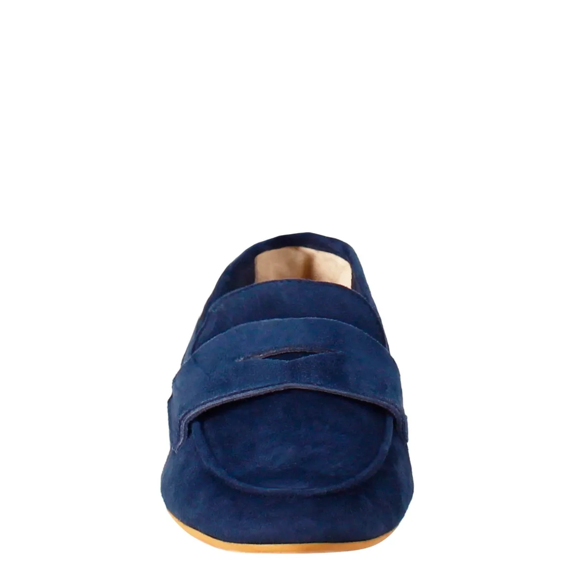 Mocassino Artigianale Da Donna In Camoscio Color Blu Scuro Fatto A Mano.