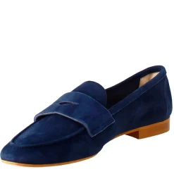 Mocassino Artigianale Da Donna In Camoscio Color Blu Scuro Fatto A Mano.