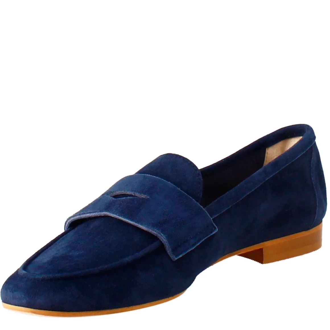 Mocassino Artigianale Da Donna In Camoscio Color Blu Scuro Fatto A Mano.