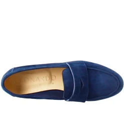 Mocassino Artigianale Da Donna In Camoscio Color Blu Scuro Fatto A Mano.