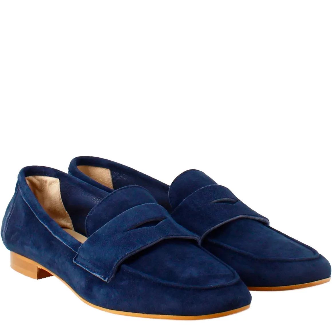 Mocassino Artigianale Da Donna In Camoscio Color Blu Scuro Fatto A Mano.