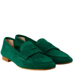 Mocassino Artigianale Da Donna In Camoscio Color Verde Fatto A Mano.