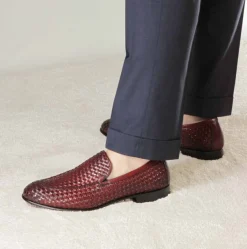 Mocassino Classico Da Uomo In Pelle Intrecciata Colore Rosso