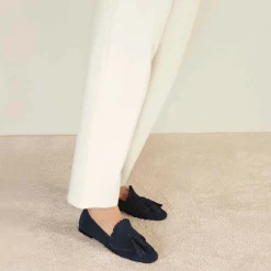 Mocassino Da Donna Classico In Pelle Scamosciata Con Nappine Colore Blu Scuro