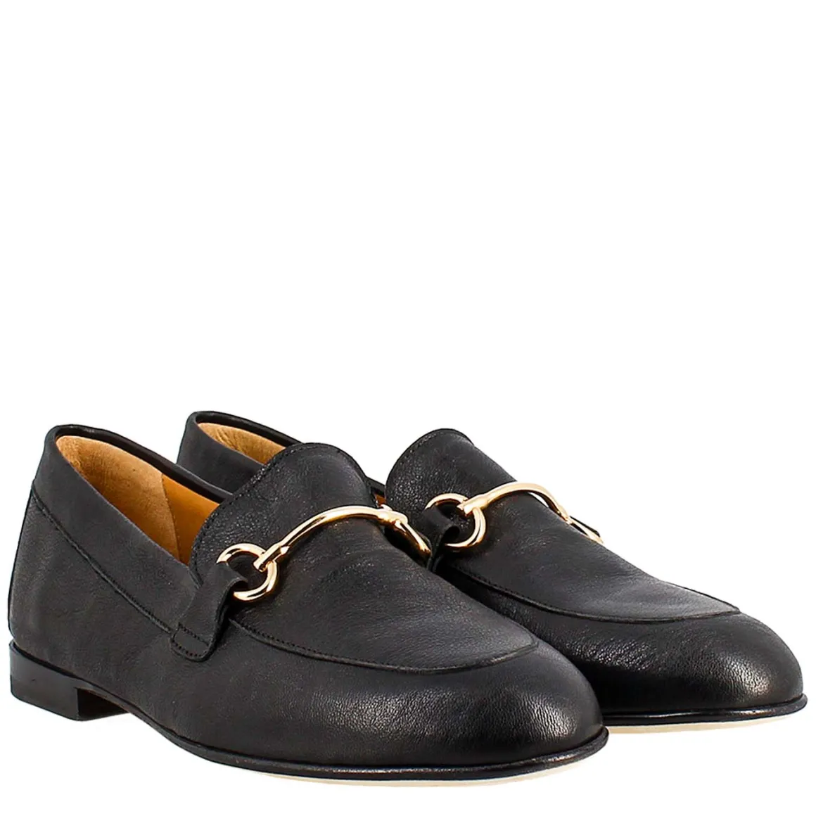 Mocassino Da Donna In Pelle Colore Nero Con Morsetto Oro