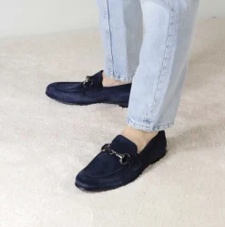Mocassino Da Uomo In Camoscio Colore Blu Con Morsetto Colore Argento