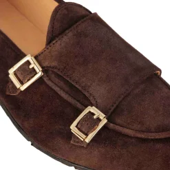 Mocassino Da Uomo In Pelle Scamosciata Colore Marrone Scuro Con Doppia Fibbia