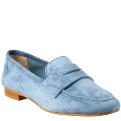 Mocassino Flessibile Da Donna In Pelle Scamosciata Celeste E Fondo In Gomma