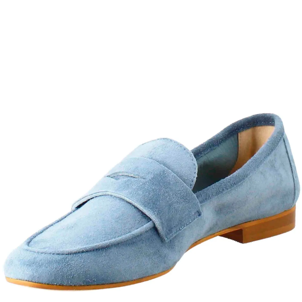 Mocassino Flessibile Da Donna In Pelle Scamosciata Celeste E Fondo In Gomma