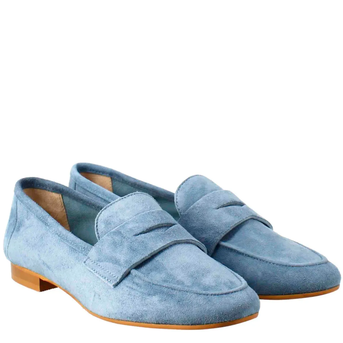 Mocassino Flessibile Da Donna In Pelle Scamosciata Celeste E Fondo In Gomma