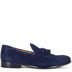 Mocassino In Pelle Scamosciata Fatto A Mano Con Nappine Colore Blu